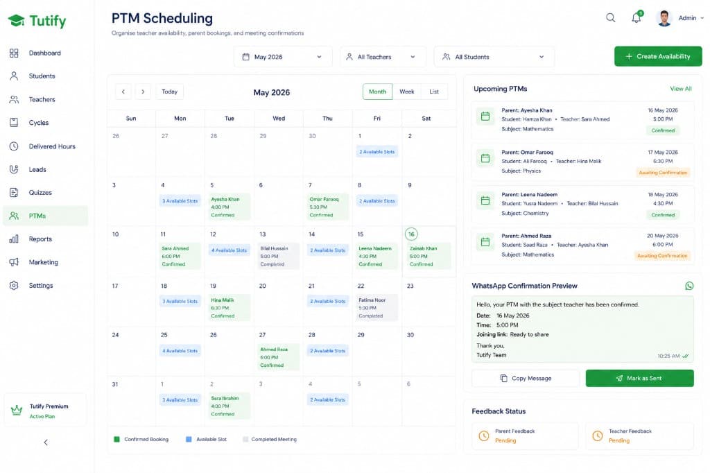 PTM scheduling dashboard with calendar, booking slots, and WhatsApp confirmations