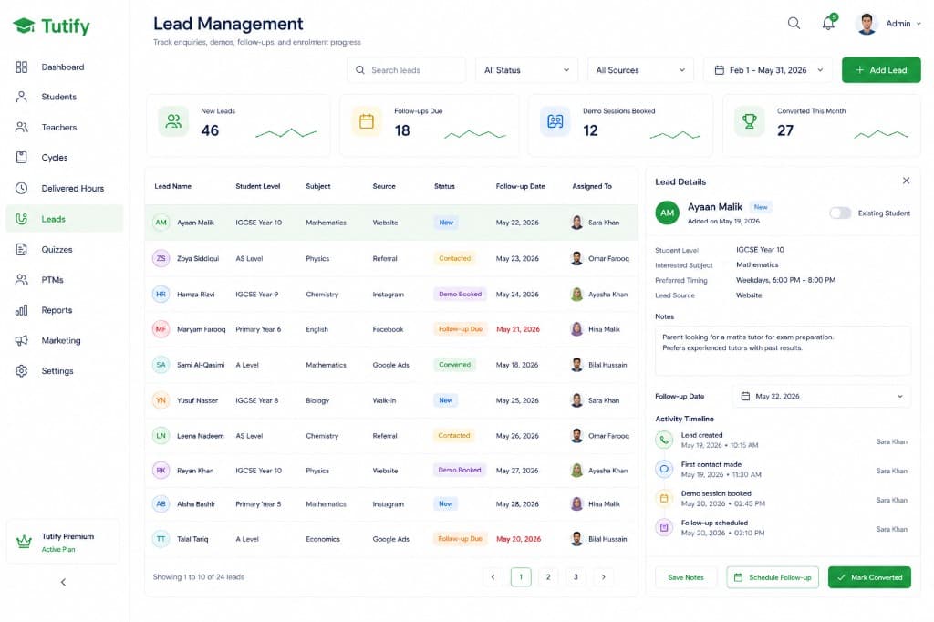 Lead management interface for new and returning families